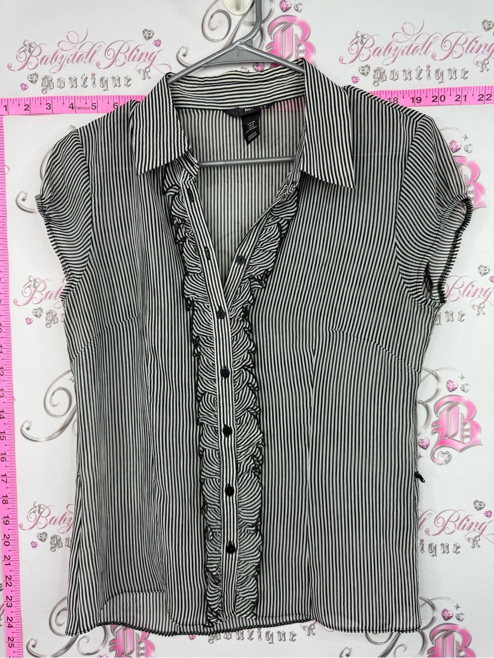 H&M y2k ruffle Black and White Vertical Stripe Ruffle Button-Up Top